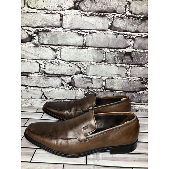 BOSS Hugo Boss Brown Leather Slip On Loafers Dress Shoes Men’s Sz 10.5M US/44EU - Picture 1 of 16